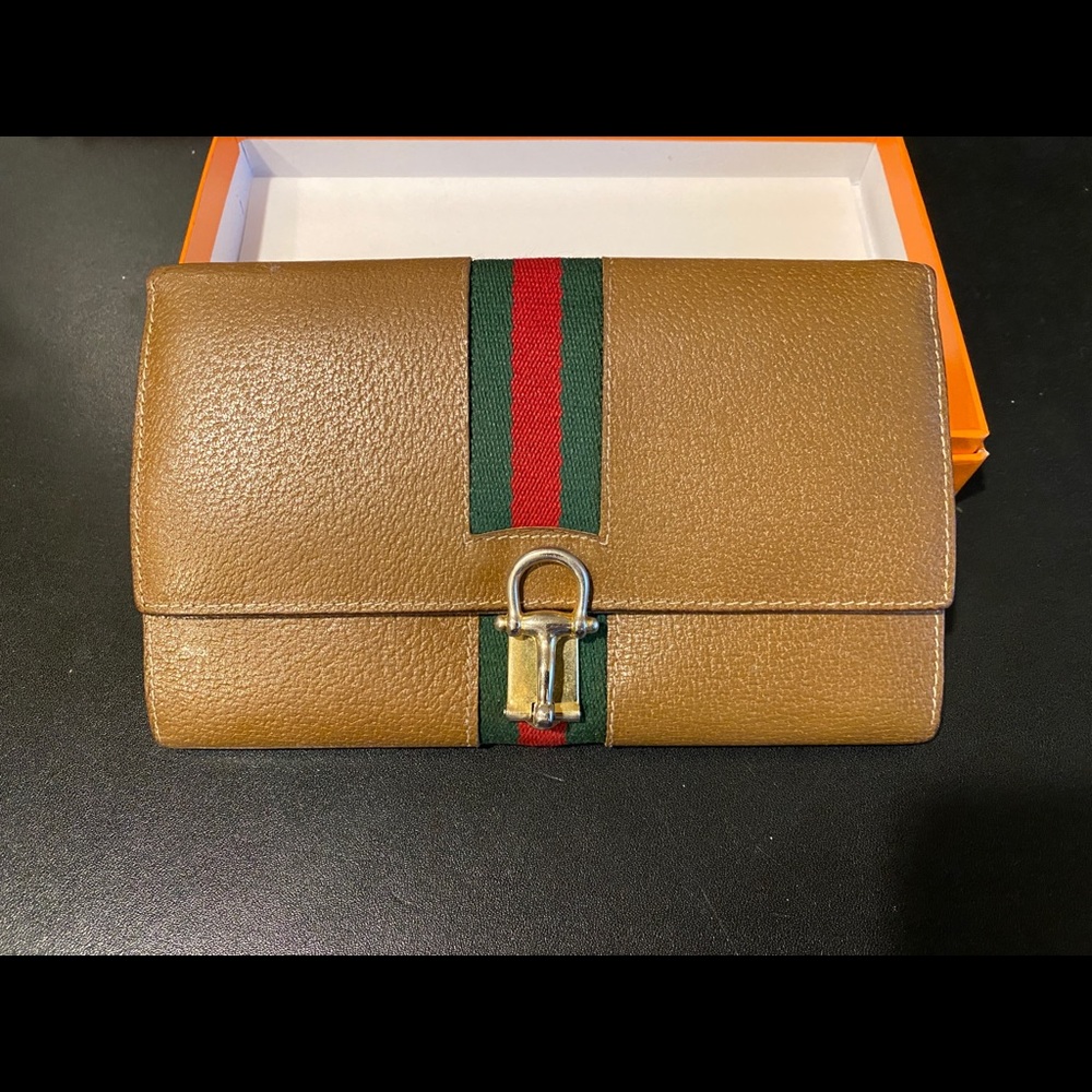 Rare GUCCI Sherry Line Brown Leather Clasp Wallet